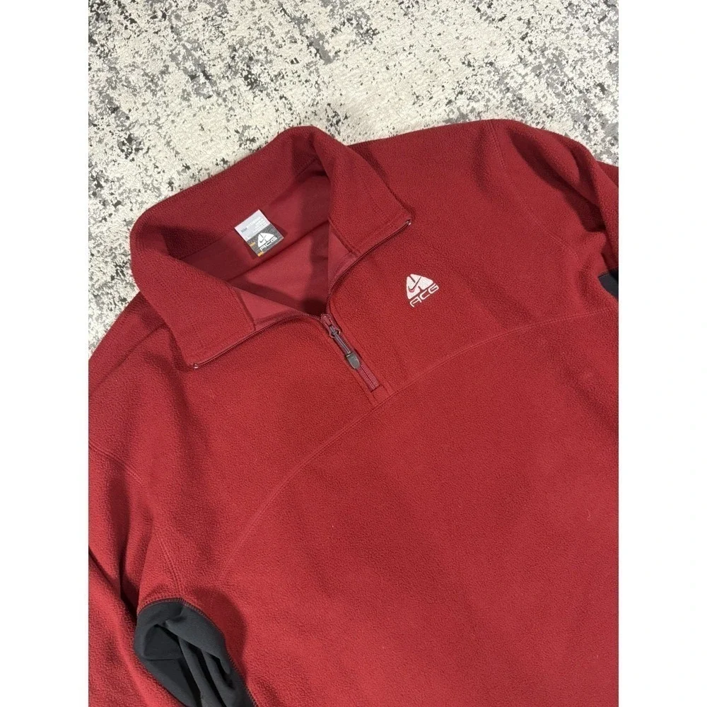 Nike ACG Therma Mens L Red Fleece Quarter Zip Pullover Jacket Black Trim